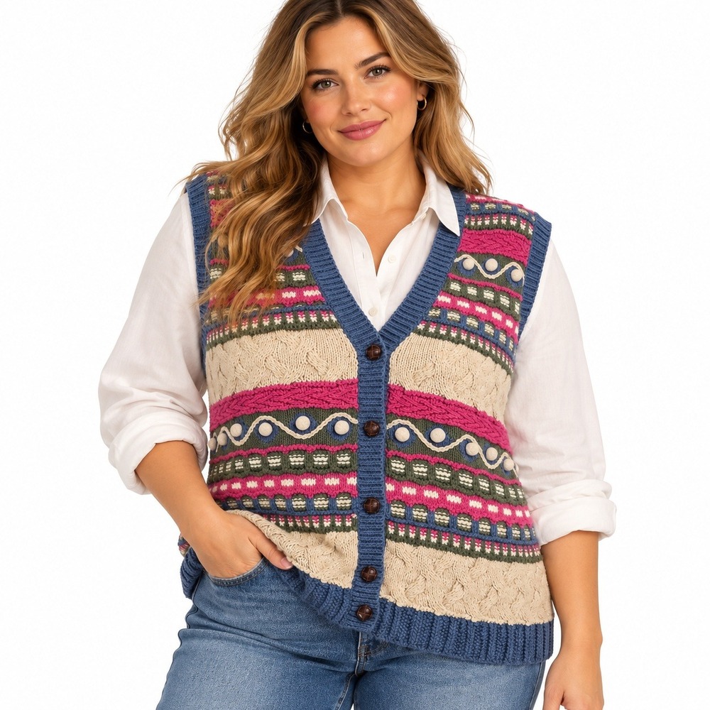 Vintage Koret Cable Knit Sweater Vest 2X Blue Pink Fair Isle Pom Pom Cottagecore